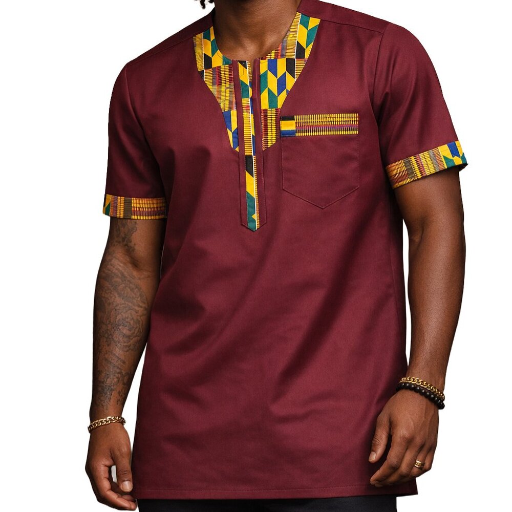 Men’s African Ankara Trim Shirt – Burgundy Short Sleeve Dashiki Style Top